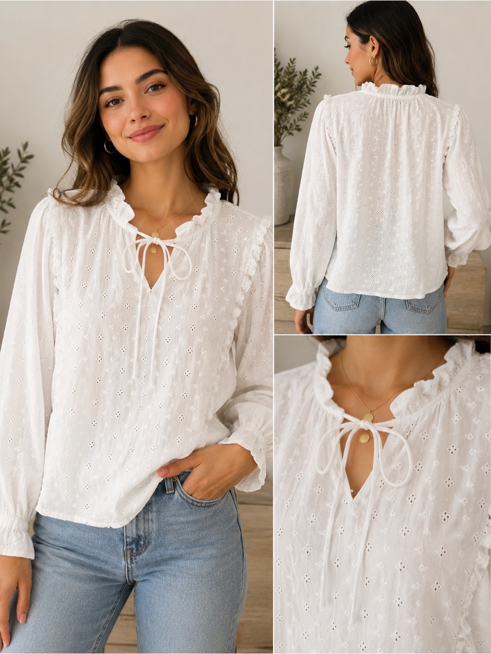 CLEOBELLA | Women's White Eyelet Ruffle Tie-Neck Blouse